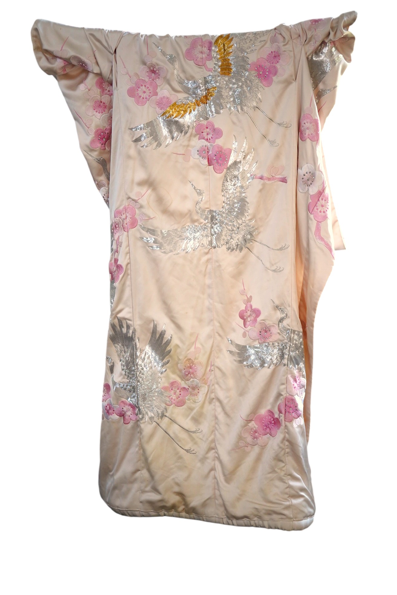 A Japanese pale pink silk floral and metallic thread bird embroidered wedding kimono, 184cm long.
